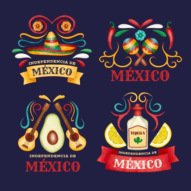 Watercolor labels collection for mexico independence celebration