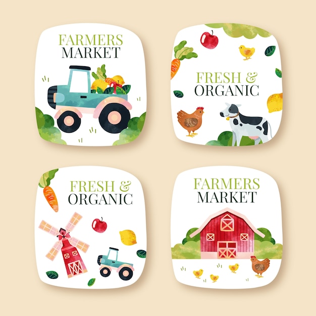 Watercolor labels collection for organic farming