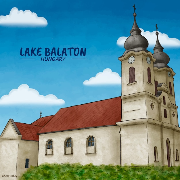 Акварельная иллюстрация озера балатон