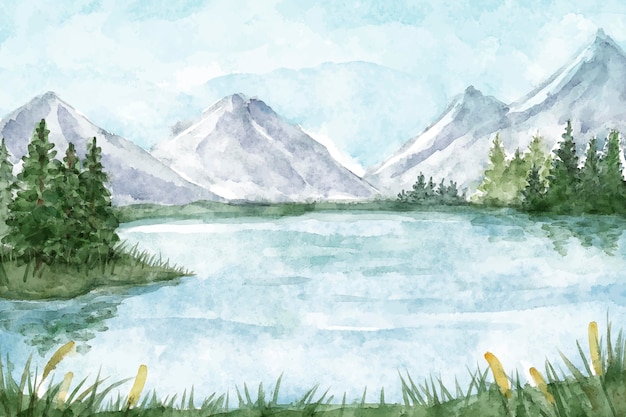 Watercolor lake scenery