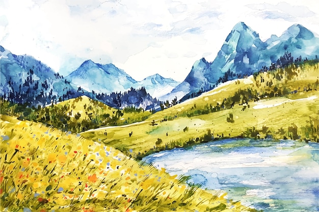 Watercolor lake scenery
