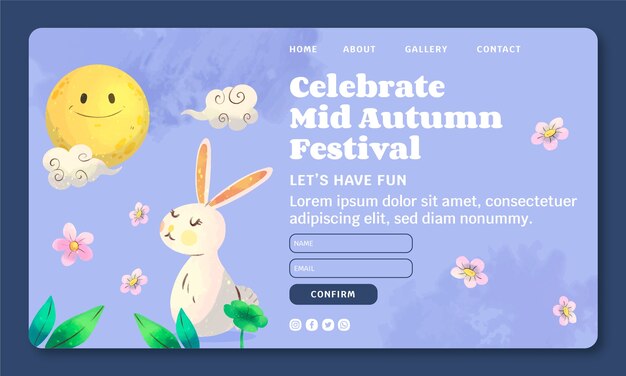 Watercolor landing page template for mid autumn festival celebration