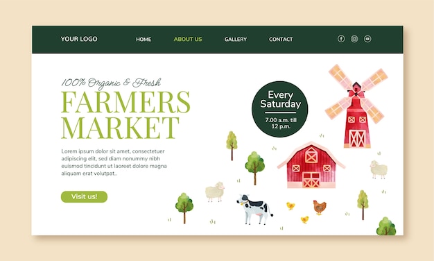 Free vector watercolor landing page template for organic farming