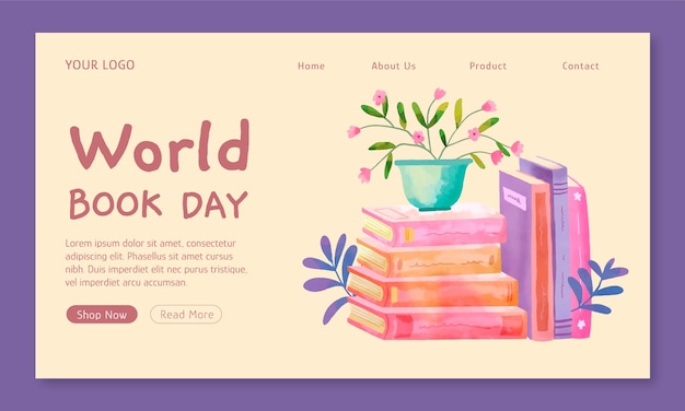 Free vector watercolor landing page template for world book day celebration