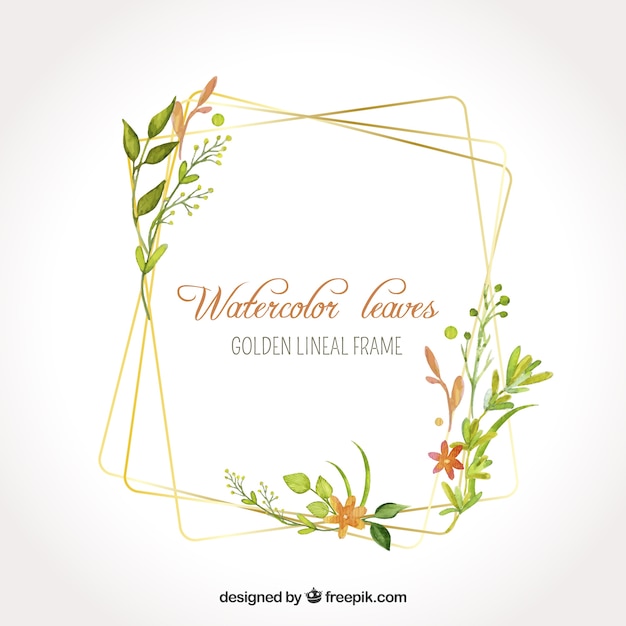 Free vector watercolor leaves in golden lineal frame