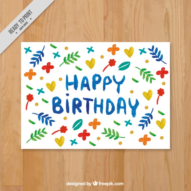 무료 Vector 수채화 잎과 하트 생일 카드