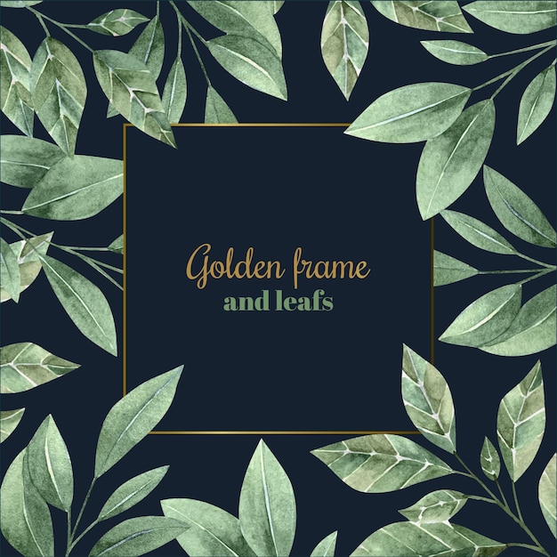 Watercolor leaves with golden frame