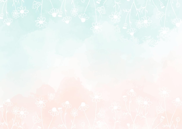 Watercolor light green and old rose peach pink splash background with white doodle line art wild chamomile flower