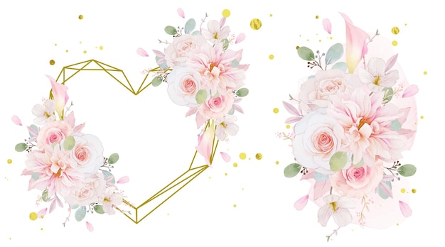Cornice d'amore acquerello e bouquet di rose rosa dalia e fiore di giglio