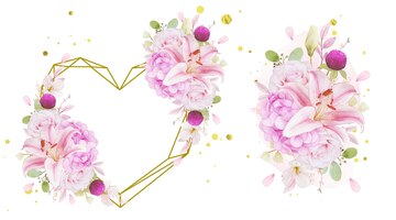 Free vector watercolor love wreath and bouquet of pink roses  hydrangea  and lily