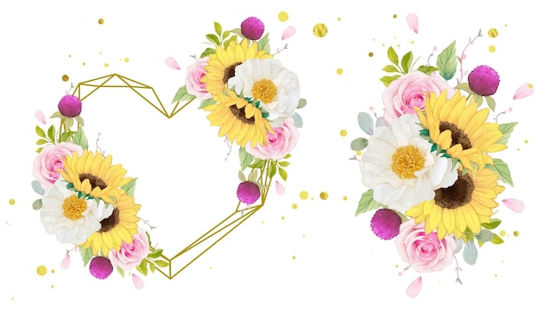 Watercolor love wreath and bouquet of pink roses and sunflower