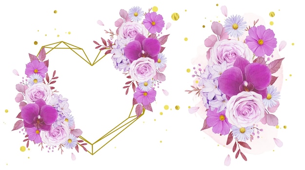 수채화 사랑 화환과 보라색 장미와 난초의 꽃다발