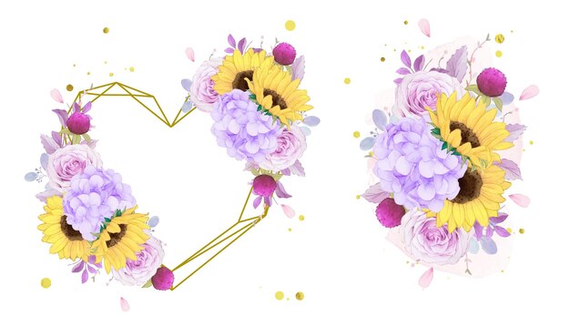 수채화 사랑 화환과 보라색 장미와 해바라기 꽃다발
