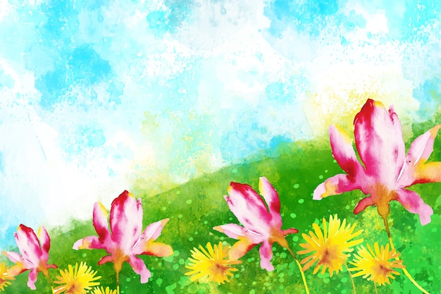 Watercolor lovely spring landscape