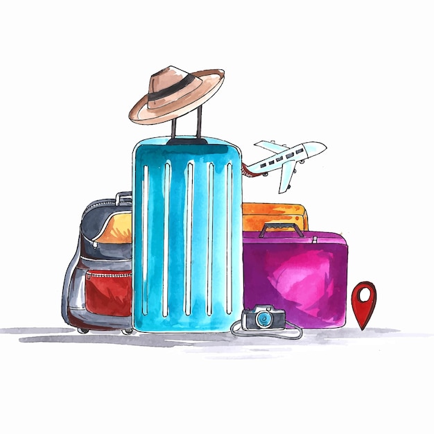 Free vector watercolor luggage with camera and hat travel design