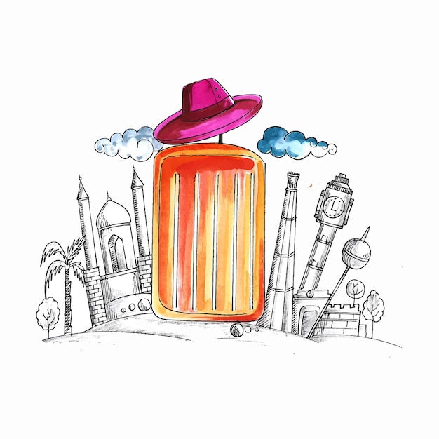 스케치 도시와 모자 여행 디자인이 있는 수채색 수하물