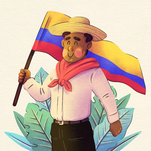 Vettore gratuito illustrazione dell'afrocolombianidad dell'uomo dell'acquerello con la bandiera colombiana