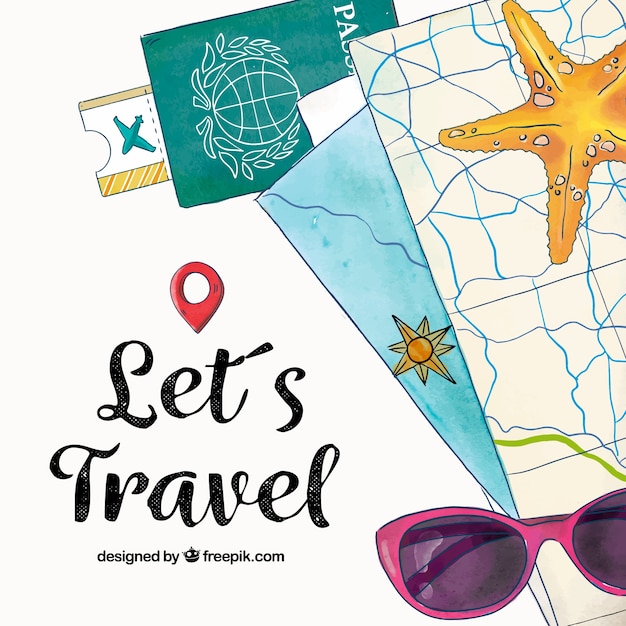 Free vector watercolor map with travel elements