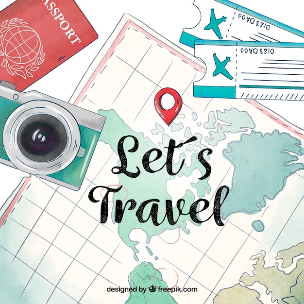 Free vector watercolor map with travel elements