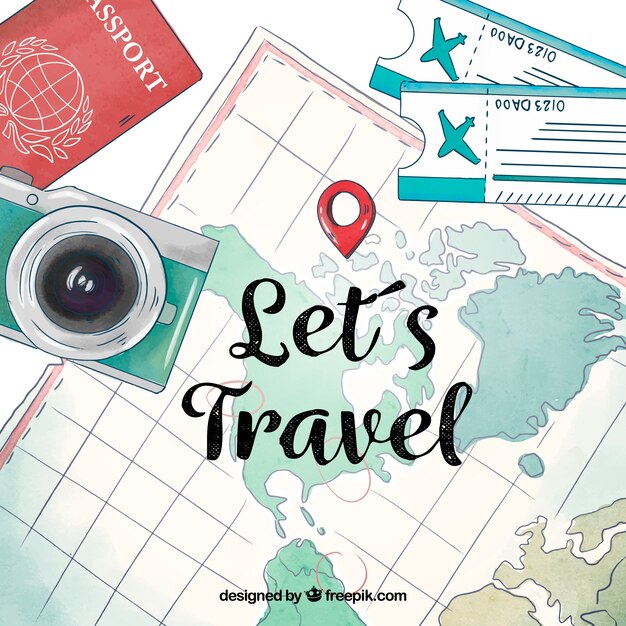 Watercolor map with travel elements