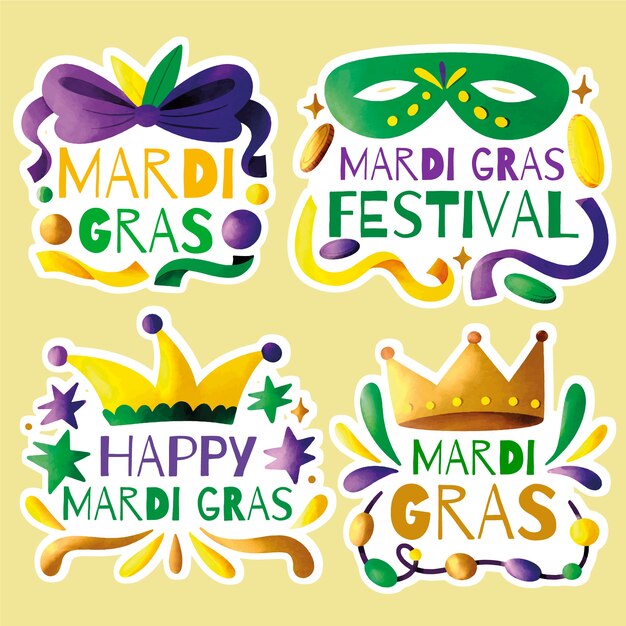 Watercolor mardi gras badges collection