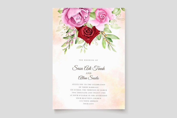 Free Vector watercolor maroon and pink roses wedding card set