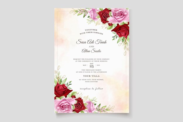 watercolor maroon and pink roses wedding card set