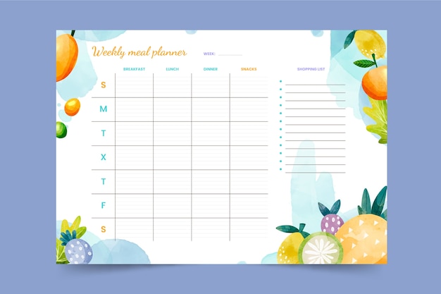 Watercolor meal planner template
