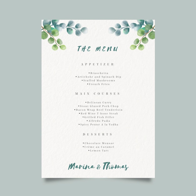 Free vector watercolor menu template for wedding