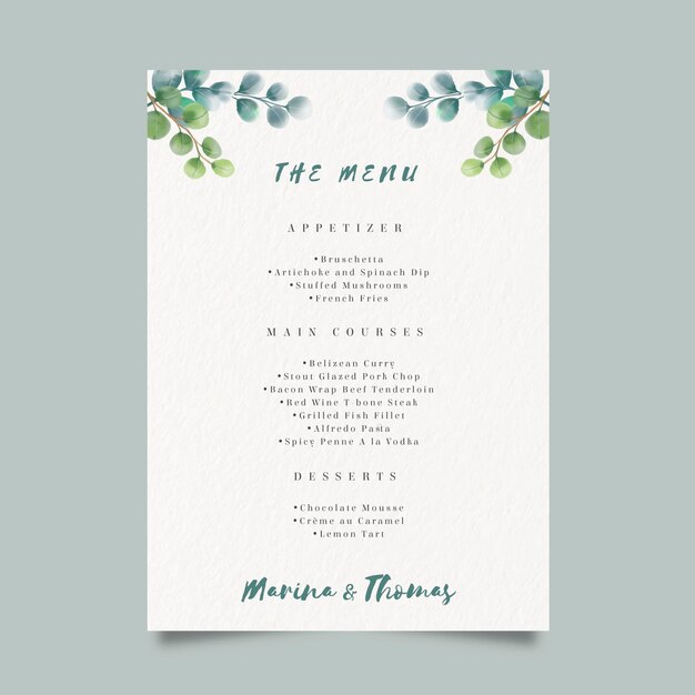 watercolor menu template for wedding