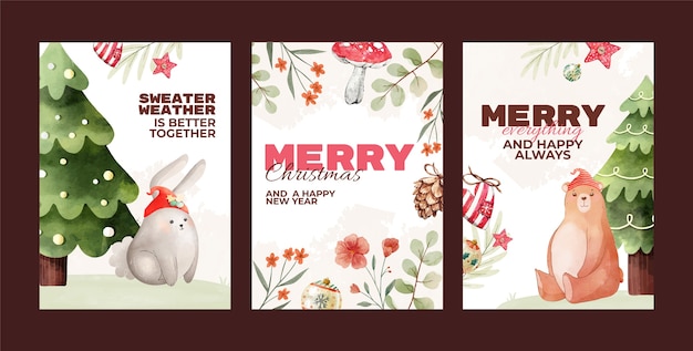 Free vector watercolor merry christmas greeting cards collection