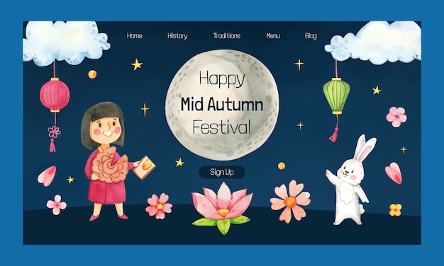 Free vector watercolor mid-autumn festival landing page template