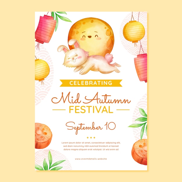 Free vector watercolor mid-autumn festival poster template