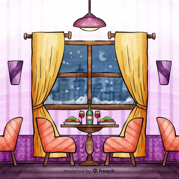 Бесплатное векторное изображение Интерьер акварельного современного ресторана