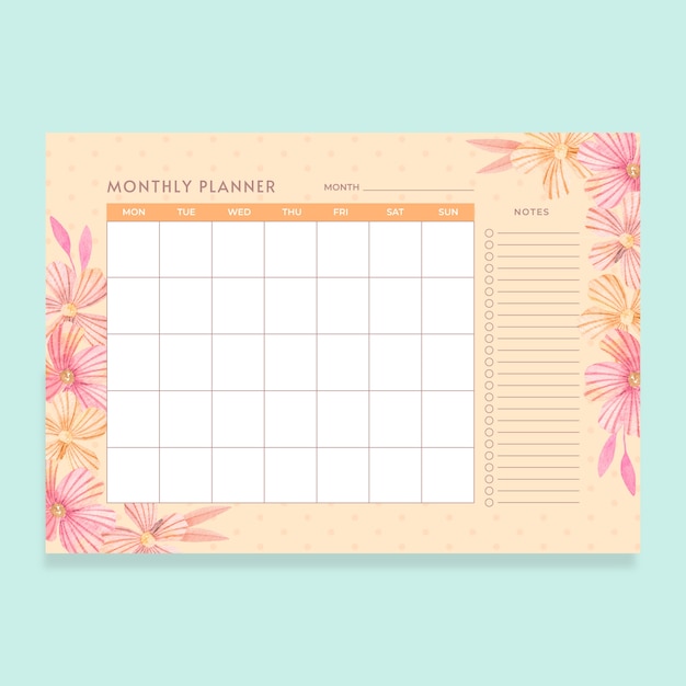 Free vector watercolor monthly planner calendar template