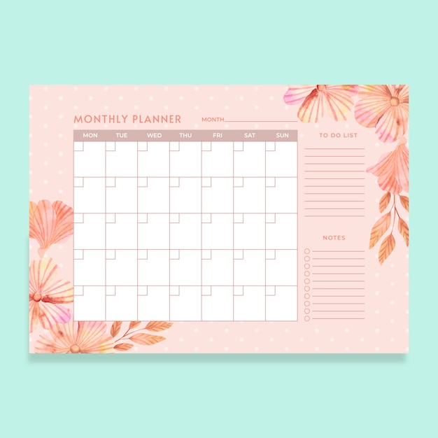 Free vector watercolor monthly planner calendar template