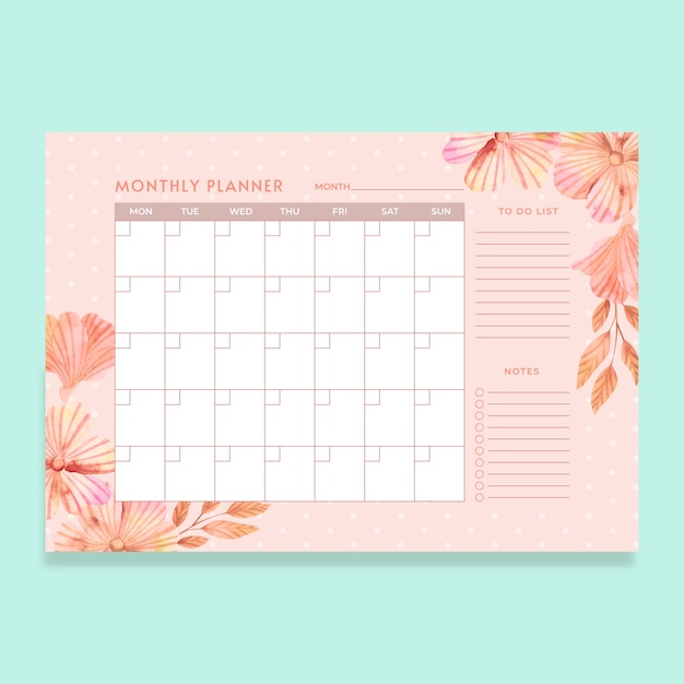 Шаблон календаря акварельного ежемесячного планировщика
