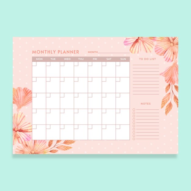 Watercolor monthly planner calendar template