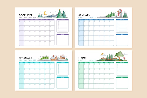 Watercolor monthly planner calendar