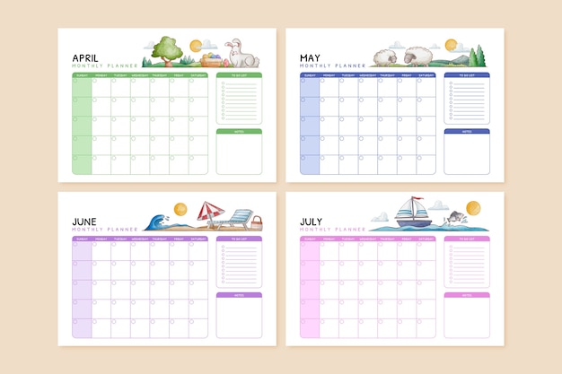 Calendario pianificatore mensile ad acquerello