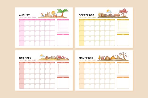 Watercolor monthly planner calendar