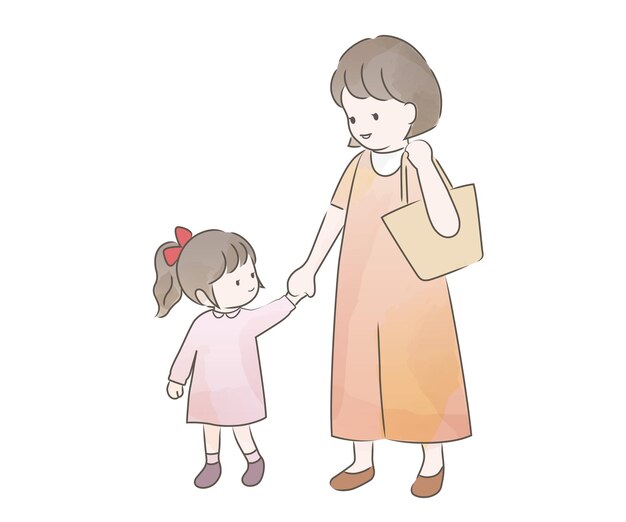 Watercolor Mother And Daughter Walking Hand In Hand Vector Illustration On A White Background