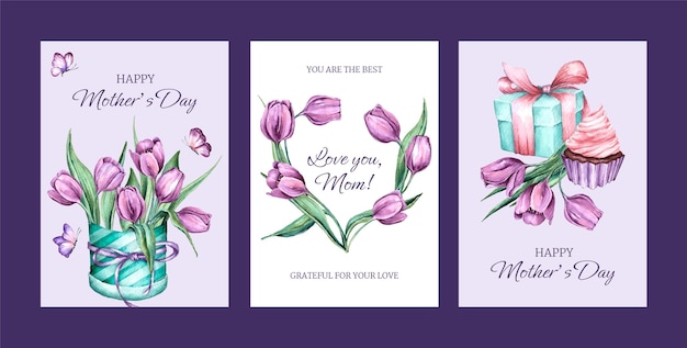 Бесплатное векторное изображение Коллекция поздравительных открыток ко дню матери акварелью