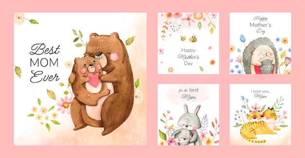 Watercolor mother's day instagram posts collection Premium Vector