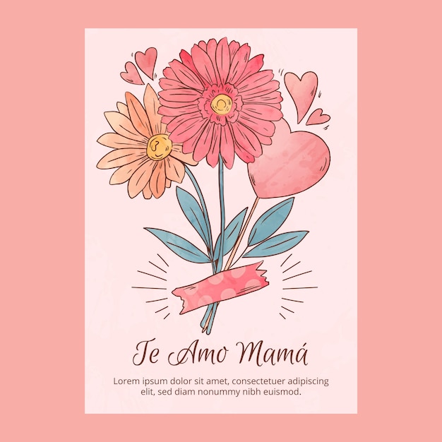 Vettore gratuito modello di biglietto di auguri per la festa della mamma dell'acquerello in spagnolo