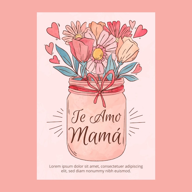 Vettore gratuito modello di biglietto di auguri per la festa della mamma dell'acquerello in spagnolo