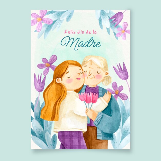 Watercolor mothers day greeting card template in spanish