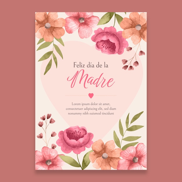 Watercolor mothers day greeting card template in spanish