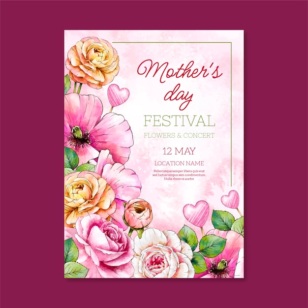 Watercolor mothers day vertical poster template