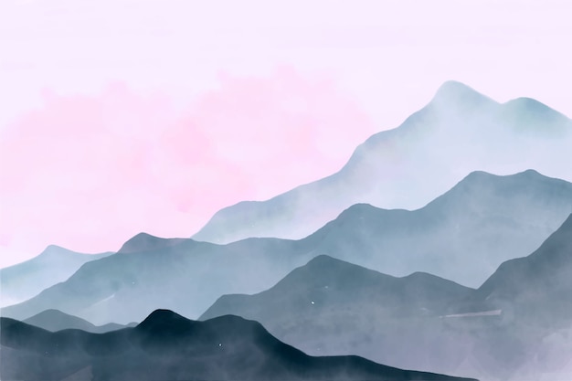 Watercolor mountains background with pink sky